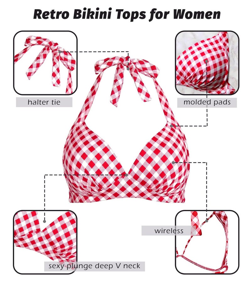Balasami Women's Vintage 50s Halter Neck Tie Knot Back Soft Molded Padding Bikini Top Swimsuit Bathing Suit Tops Only - Image 3
